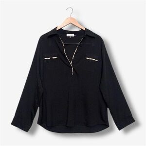 Calvin Klein Womens Black Leopard Print Longsleeve Dressy Blouse Top Vneck Large